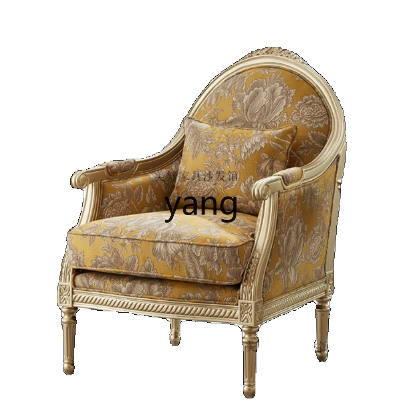 

Yjq Leisure Solid Wood Wingback Chair Fabric Single Sofa Living Room Champagne Carved Single