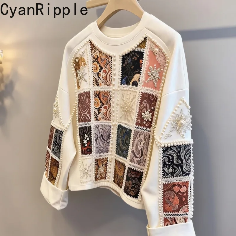 2026 New Autumn All-match Round Neck Pullover Top Loose Women Sweatshirt Geometric Print Beading Long Sleeve Casual Hoodies