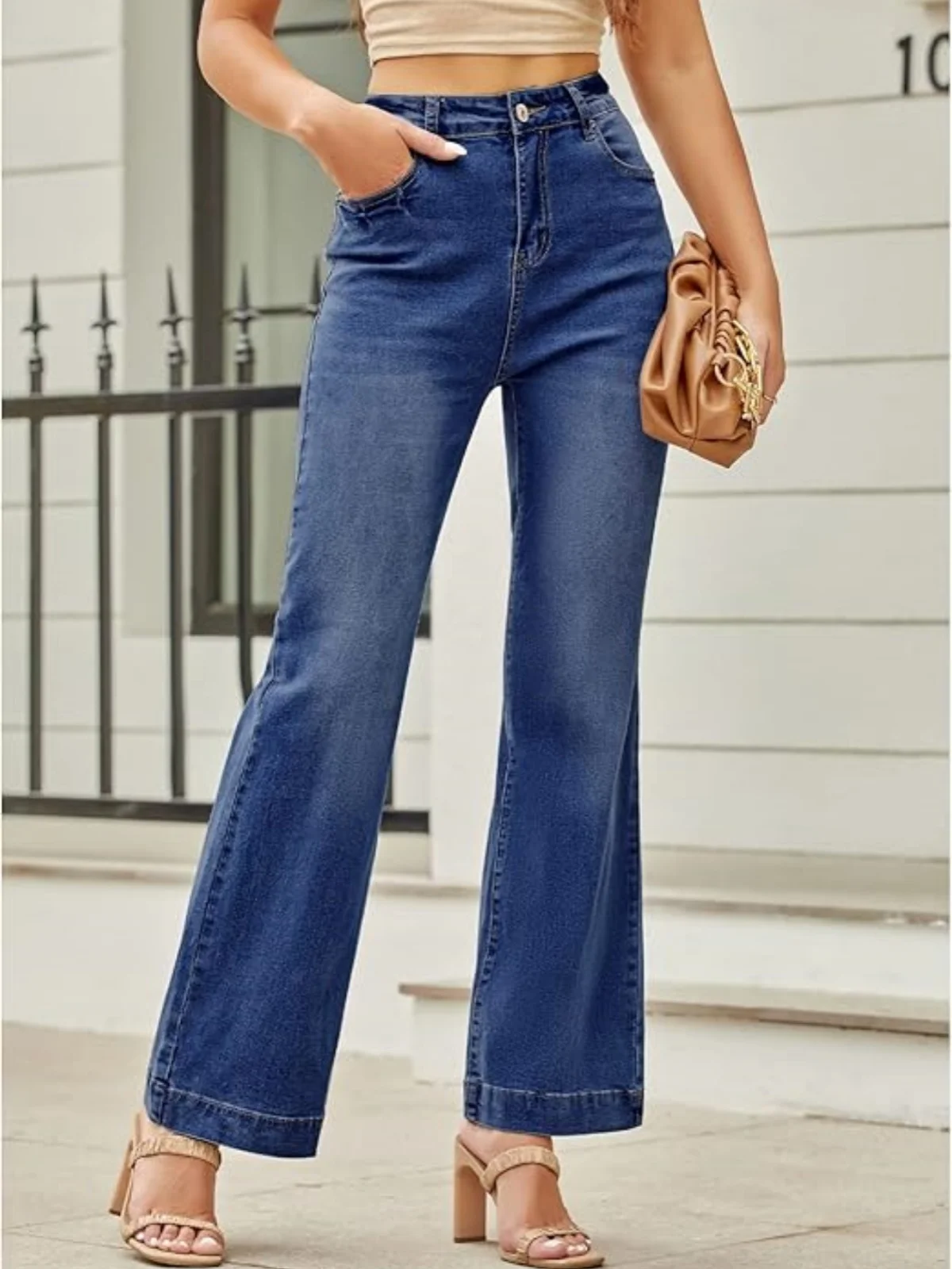 Vintage Pockets Flare Jeans Women High Waisted Wide Leg Baggy Stretch Denim Pants Y2k Long Trousers Fashion Trendy Streetwear