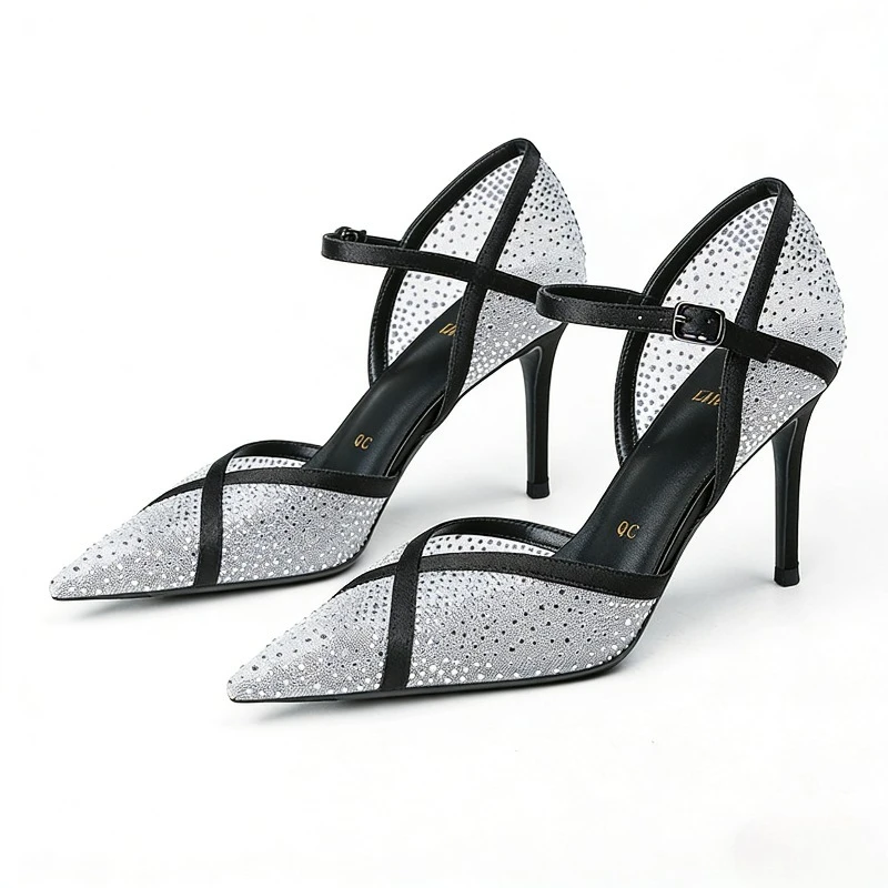 

Женские туфли-лодочки с острым носком и стразами, сетчатые, люксовые, летние 2026, сексуальные, для банкетов и вечеринок, модные, дизайнерские, на каблуке