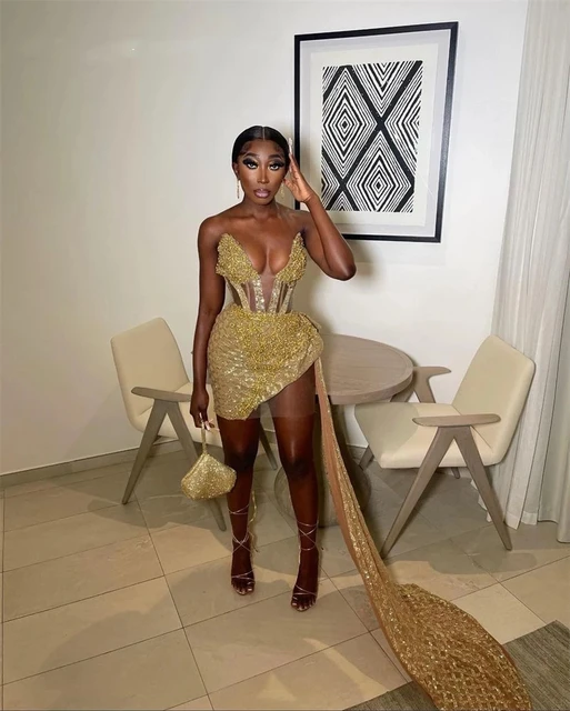 Luxury Gold Sweetheart Short Prom Dress For Black Girls Lace Up Birthday  Party Dresses With Tail Mini Cocktail Homecoming Dress