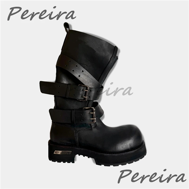 レトロベルトバックルオートバイブーツ メンズ レディース ビッグラウンドトゥ 厚底 ワイドレッグ ナイトブーツ パンク ブラックレザー カップルシューズ