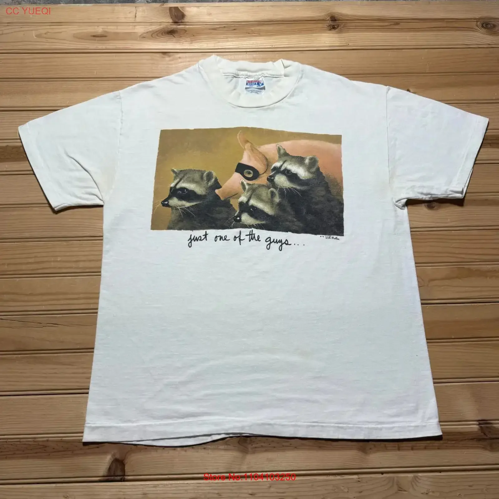 Camiseta vintage de 1995 de la serie Just One of the Guys con diseño de cerdo y mapache Will Bullas, talla grande de EE. UU., estilo vintage lavado, transpirable para hombre