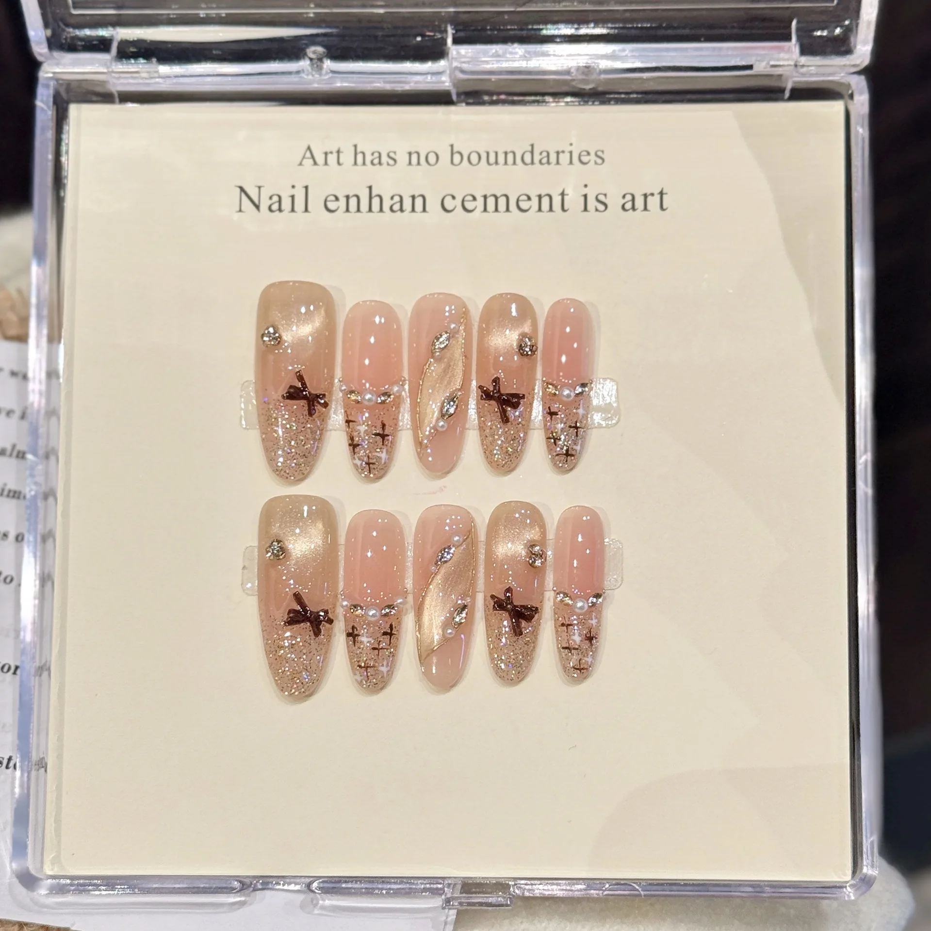 

10PCS Oval Handmade Press On Nails,Coffee Bow Small Fragrant Cat's Eye, Suitable For Parties And Daily Wear.