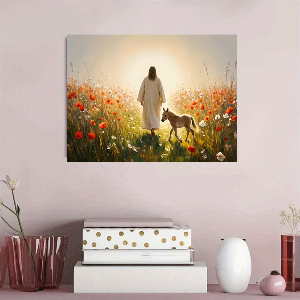 1PC-Unframed Canvas poster wall decoration  Jesus Walking with Foal in Flower Field Sunset Light Peaceful Nature Art Print