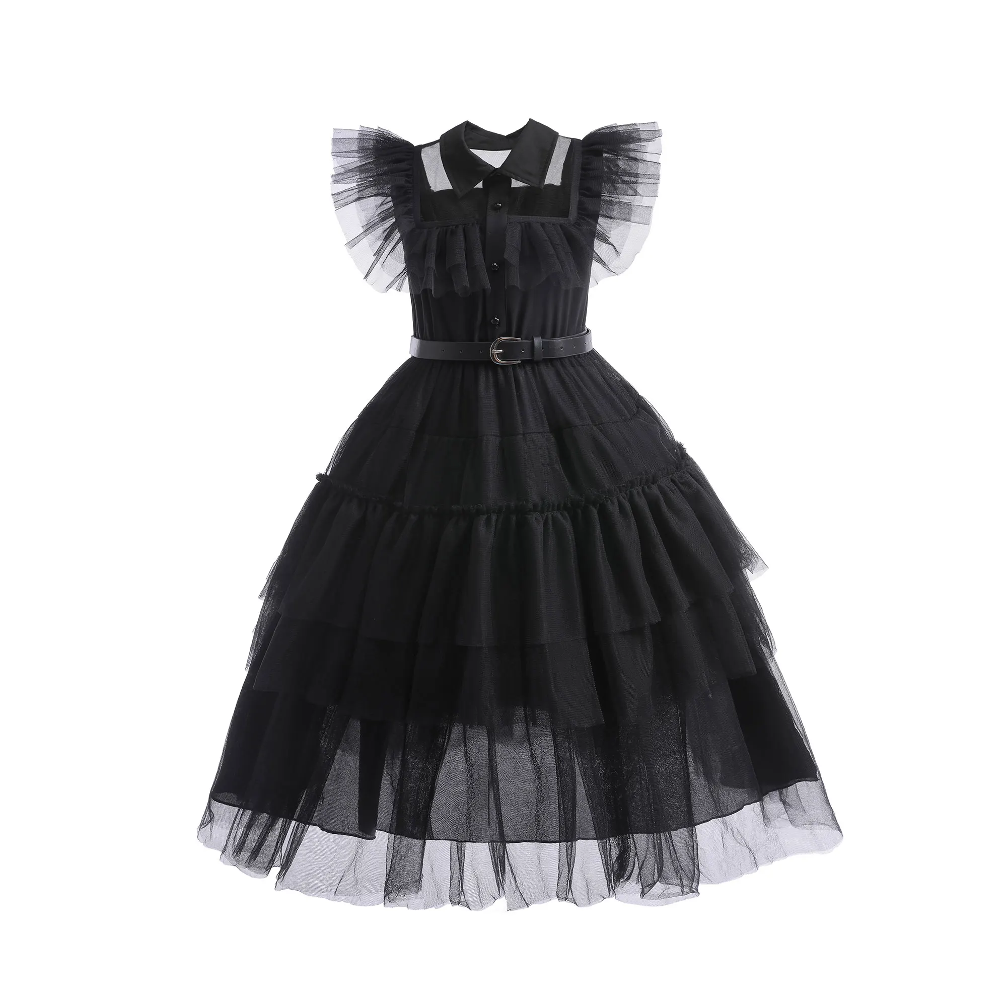 Girls Black Tulle Princess Dress Layered Prom Dress With Belt Kids Halloween Weirdo Gothic Ball Gown Role Play Heroine Costume