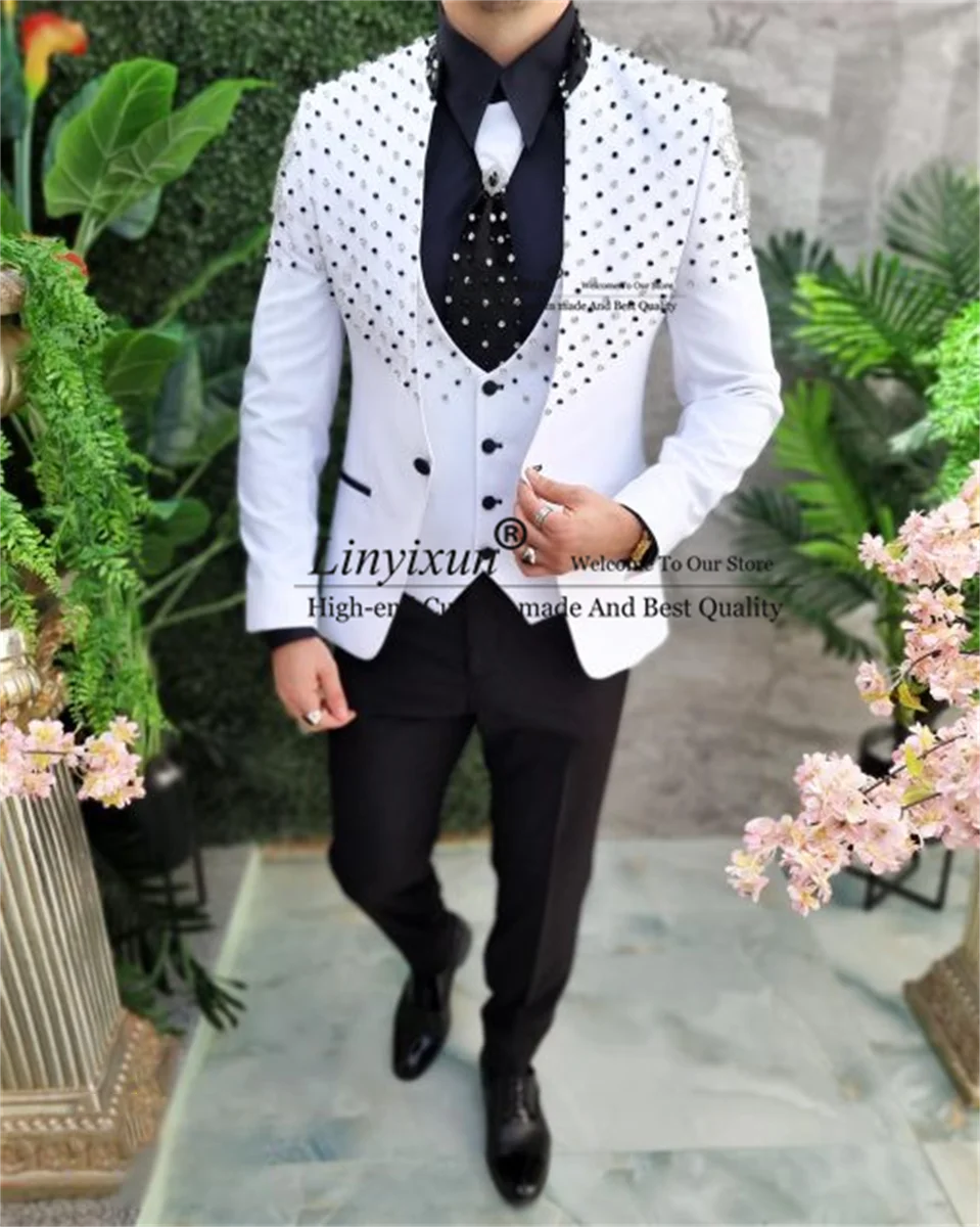 Luxury Pearl Beaded Men Suits 3 Pieces Sets Wedding Groom Tuxedos Business Male Prom Party Blazers Slim Fit Costume Homme