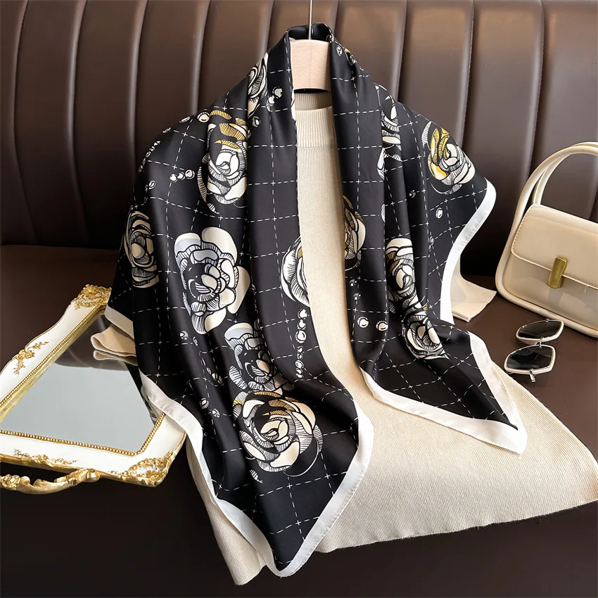 Women Fashion 90*90cm Print Silk Scarf Female Square Scarves Headband Foulard Ribbon Wraps Hairband Neckerchief Shawls Bandanna