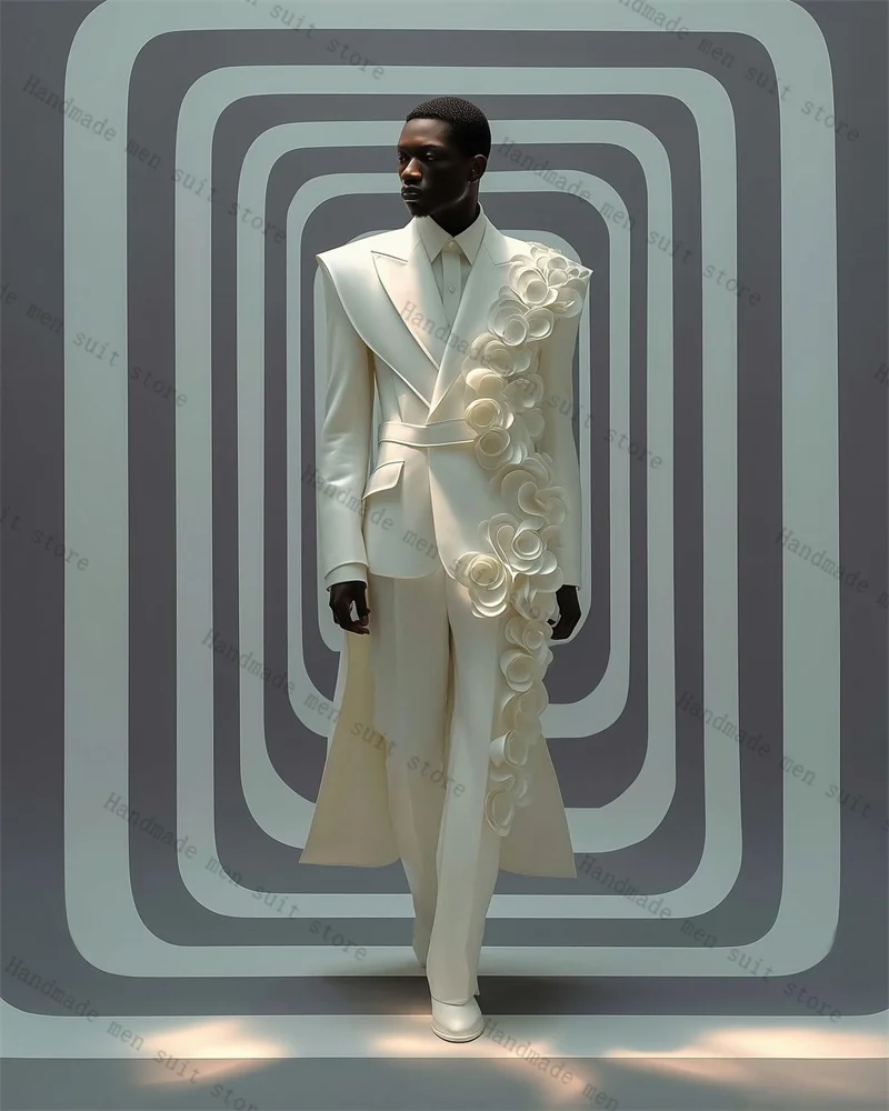 

White Groom Men Suits 2 Piece Blazer+Pants With Long Train Luxury 3D Flower Wedding Tuxedo Coat Customized Formal Office Jacket