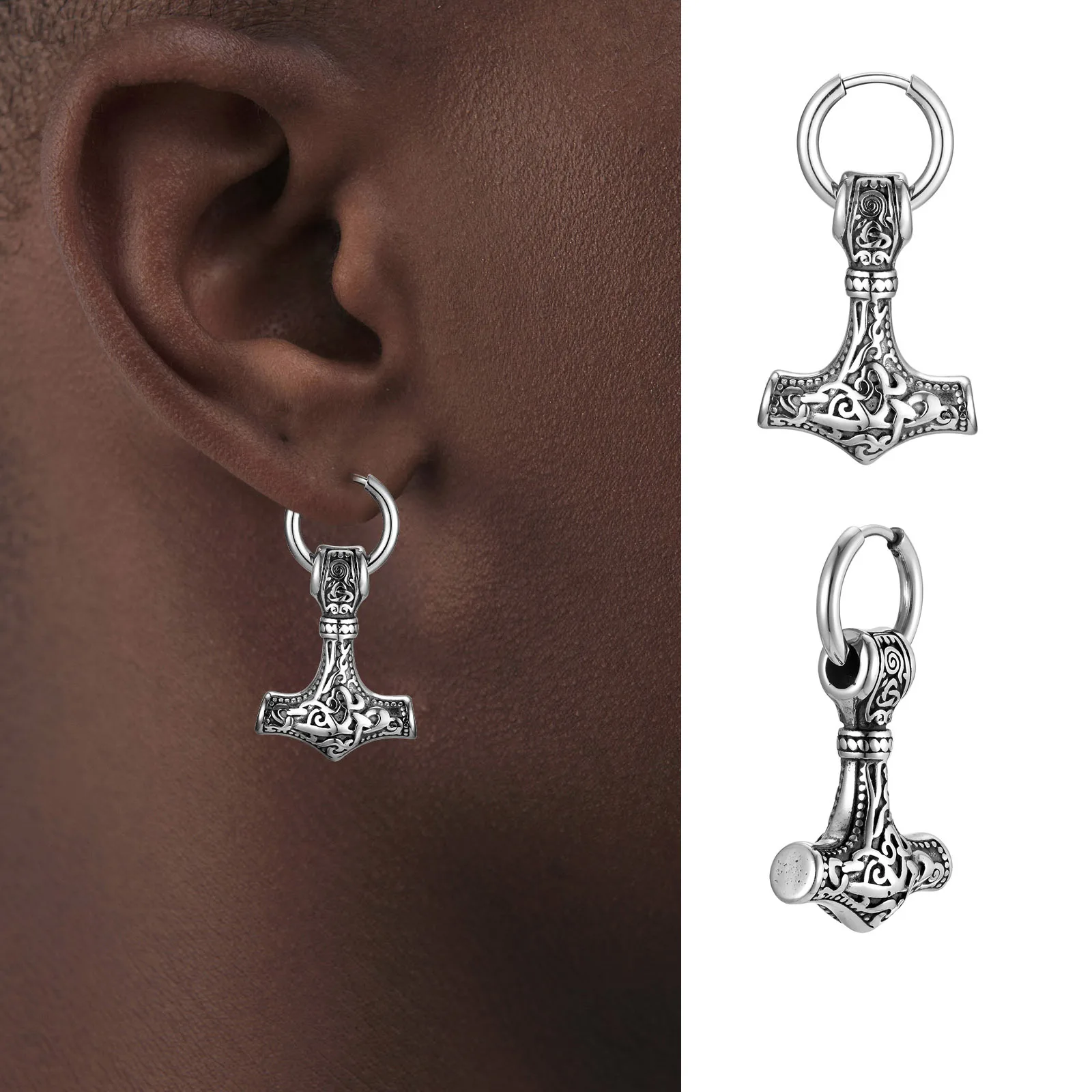 Pendientes colgantes de martillo de Thor vikingo nórdico para hombres y niños, pendientes colgantes de amuleto de runas de acero inoxidable, regalo de joyería para fiesta y Club