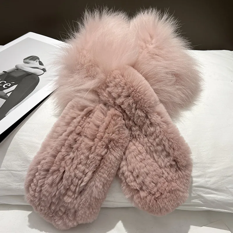 Real Rabbit Fur Hat Scarf Set For Women Winter Warm Ear Protection Natural Fur Hat With Fox Fur Ball Luxury Thickened Fur Hat