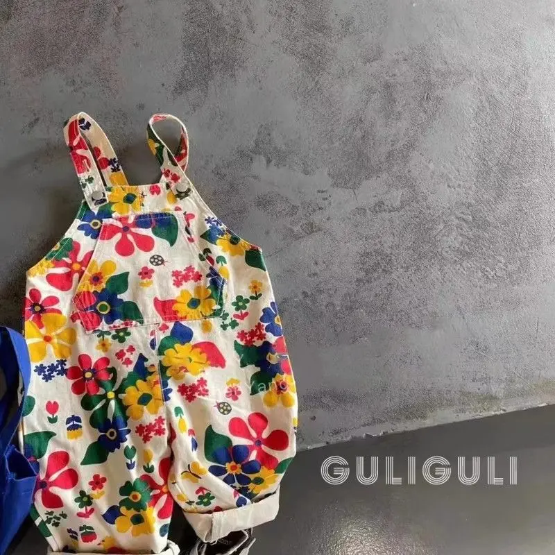 فتاة صبي وزرة ربيع الخريف الكورية موضة الشارع السراويل الأزهار المطبوعة الأطفال السراويل الاطفال بذلة ملابس بناطيل أطفال #3