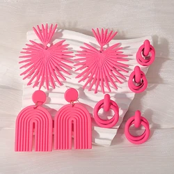 Lifefontier Exaggerated Hot Pink Double Round Acrylic Drop Earrings For Women New Geometric Arch Big Earring Jewelry Accessories