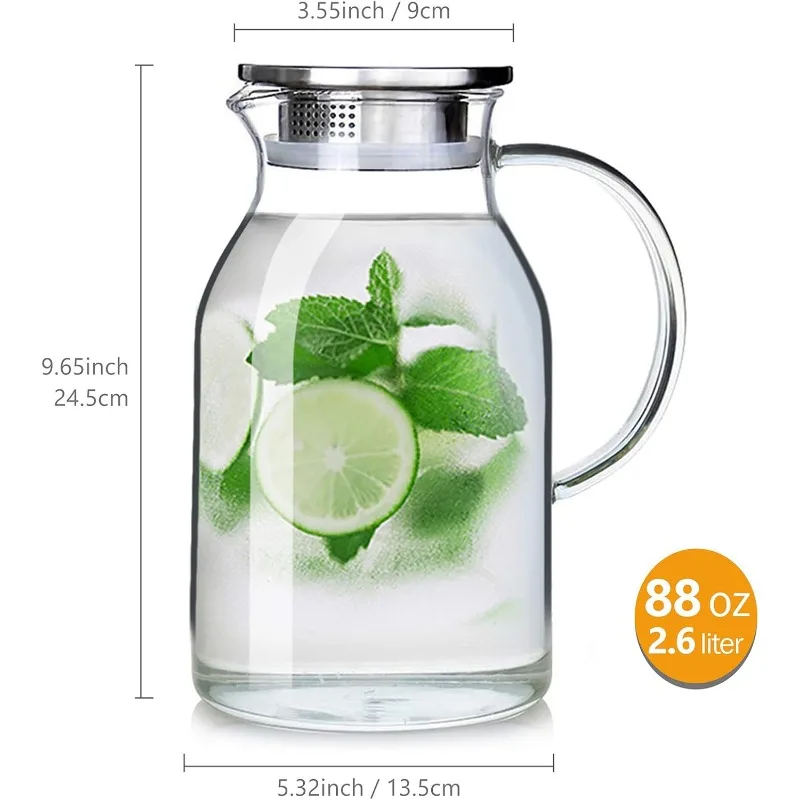 Pitcher with Lid and Spout - High Heat Resistance Pitcher for Hot/Cold Water & Iced Tea (2.6L)