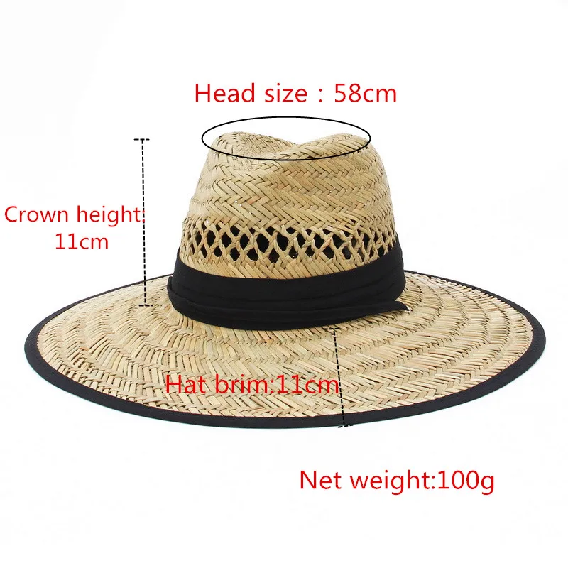 Handwork Women Men Lifeguard Hat Straw Cowboy Summer Beach Sun Hat Black Red Ribbon Outdoor Wide Brim Panama Hat Cowgirl Caps