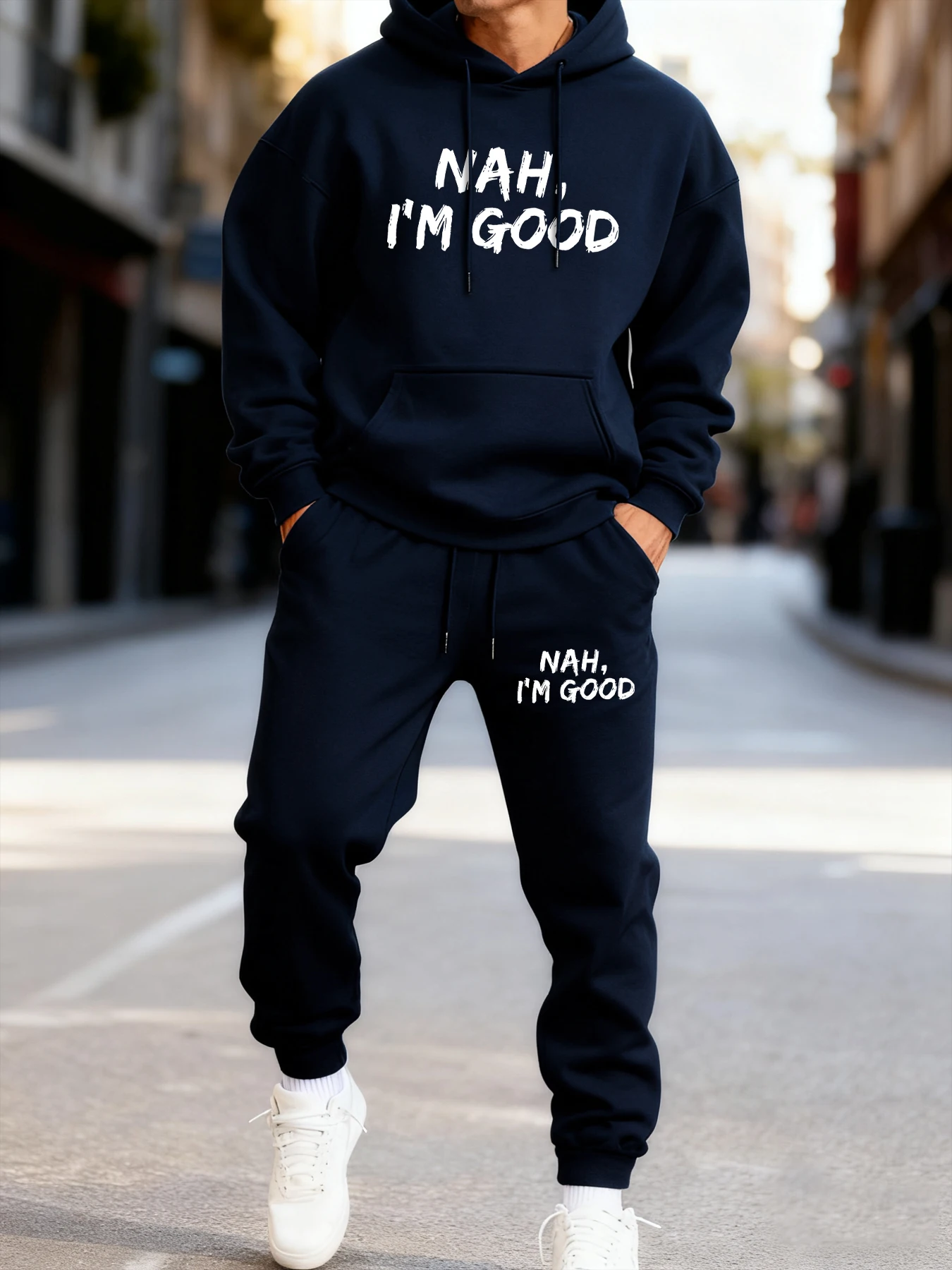 

Nah I'M Good Print Male Hoodie Set Comfortable Fashion Two Pices Sets Jogging Sporty Sweatpants Pocket Fleece Streetwear