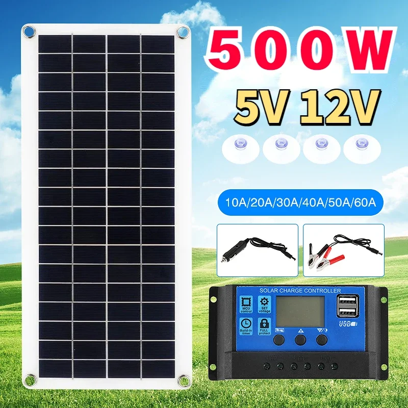 Painel Solar Flexível com Controlador Dual Usb Carregador de Bateria Banco de Potência de Células para Telefone Carro Iate rv 12v 500w 10a50a