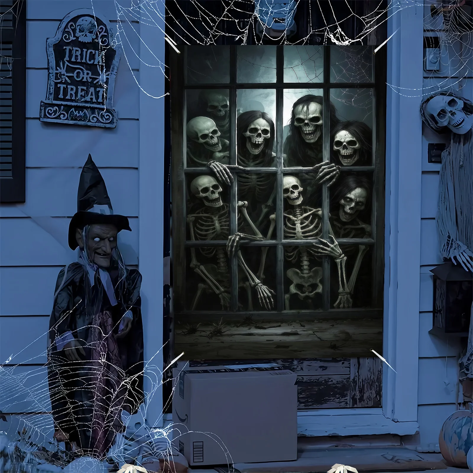 Fensterbanner mit Halloween-Motiv, Design mit Hintergrundgitterschädel und Skelettmuster, Halloween-Partydekoration