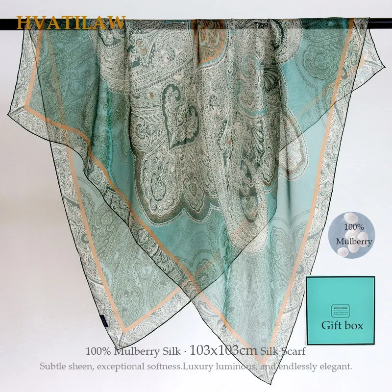 

100% Real Silk Scarf 103cm Square Mulberry Silk Luxury Shawl Summer Sun Protection Chiffon Wrap Bandana Pashmina Poncho Gift Box