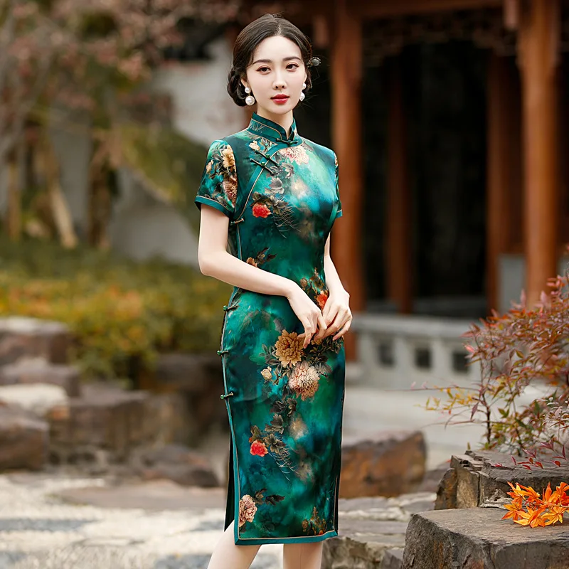 

Cheongsam Qipao Women's Retro Improved Quality Real Silk Dress Mid-Length Chinese Chi-Pao