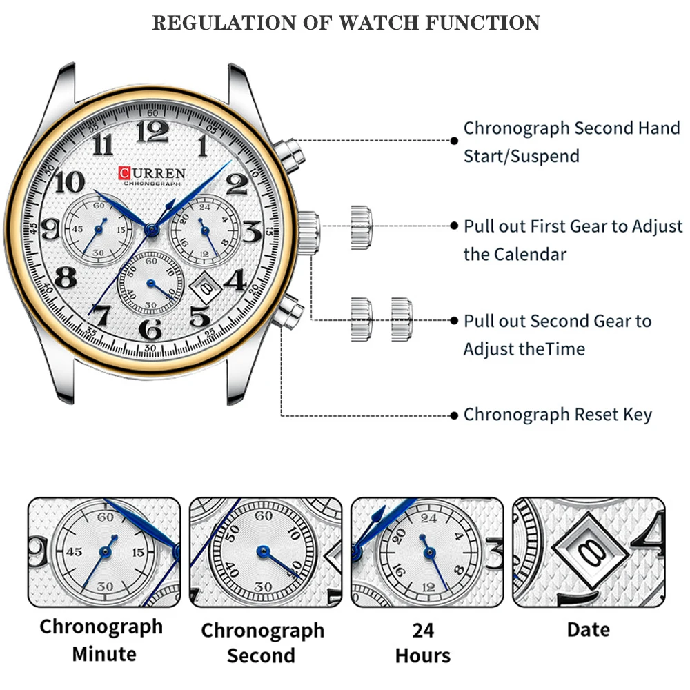 CURREN ยี่ห้อวันที่ควอตซ์นาฬิกาผู้ชายหรูหราชายนาฬิกา Chronograph สแตนเลสกีฬา Mens นาฬิกาข้อมือ Relogio Masculino