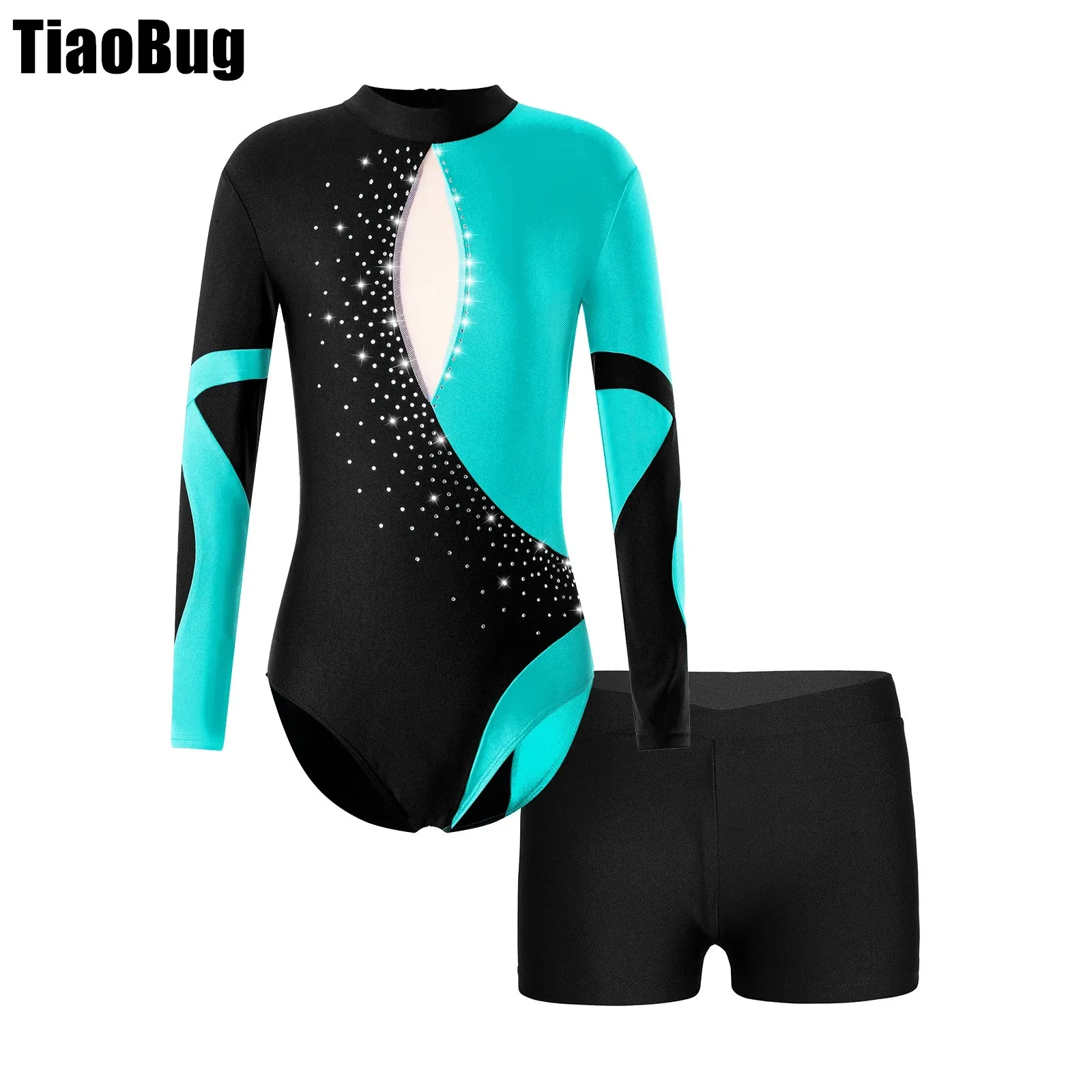 

Kids Girls Patchwork Dance Set Shiny Rhinestones Adorned Long Sleeve Leotard with V-front Waistband Shorts for Gymnastic Skating