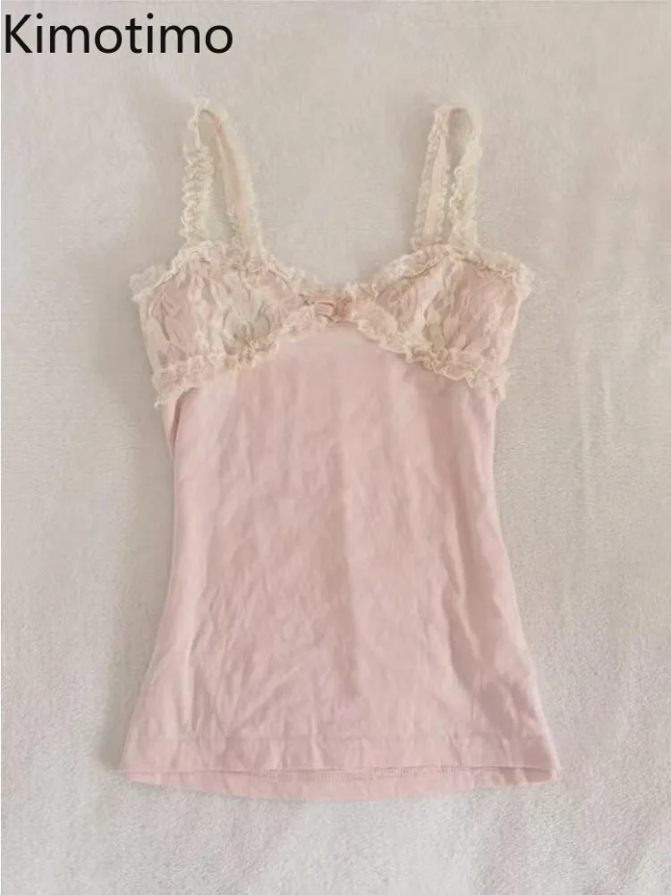 Kimotimo Sweet Lace Patchwork Camisole Vest Women Sexy Slim Fit Sleeveless Base Crop Top Summer Spicy Girl Y2k Tanks Ropa Mujer