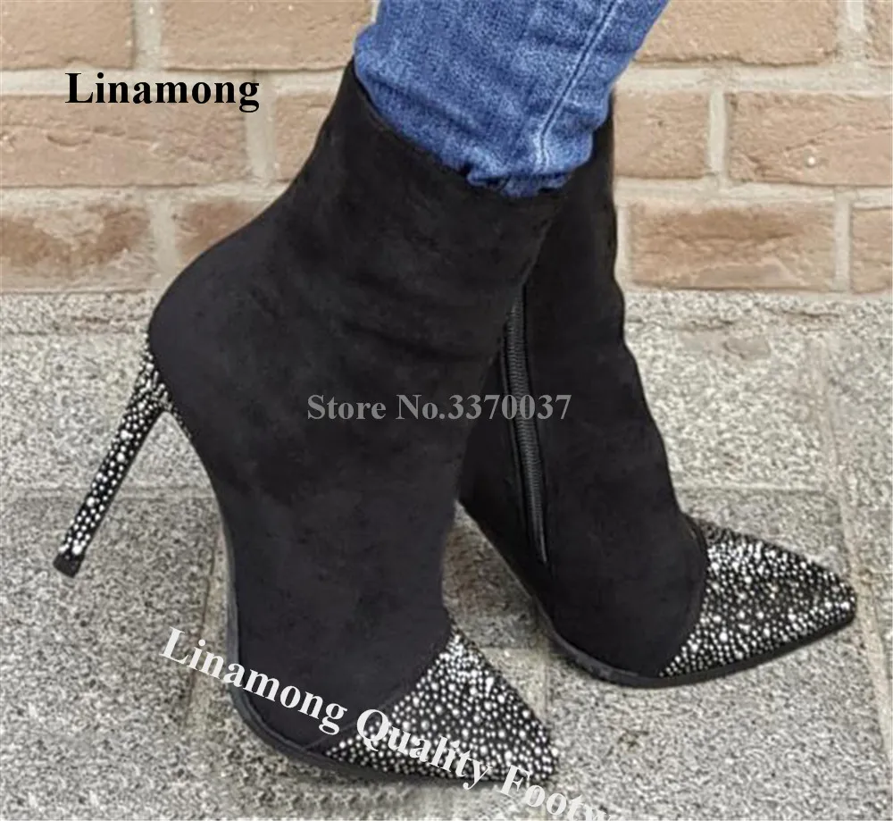 

Linamong Bling Bling Rhinestones Stiletto Heel Short Boots Crystals Pointed Toe Thin Heel Ankle Booties Party Dress Pumps