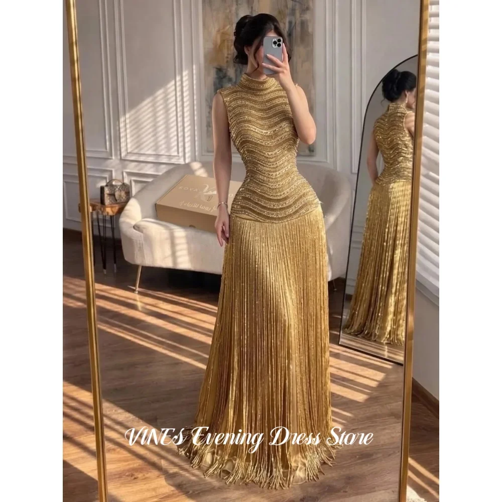 VINES Gold Mermaid Prom Dress Layered Sequin Beaded Fringe Elegant Cocktail Evening Gown Sparkle Bead Long Party Gown Customized