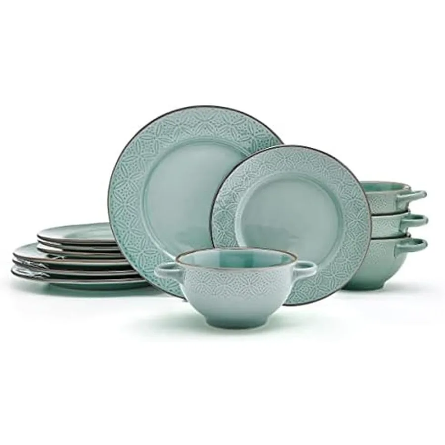 

12 Piece Dinnerware Set with Double Handled Bowl, Service for 4, Sage