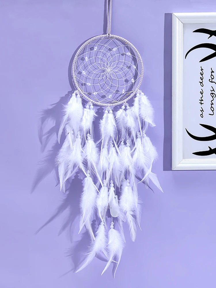 Dream Catcher White Feather Wind Chime Handmade Girls Room Bedroom Wall Hanging Ornaments Birthday Festival Gift Home Decoration