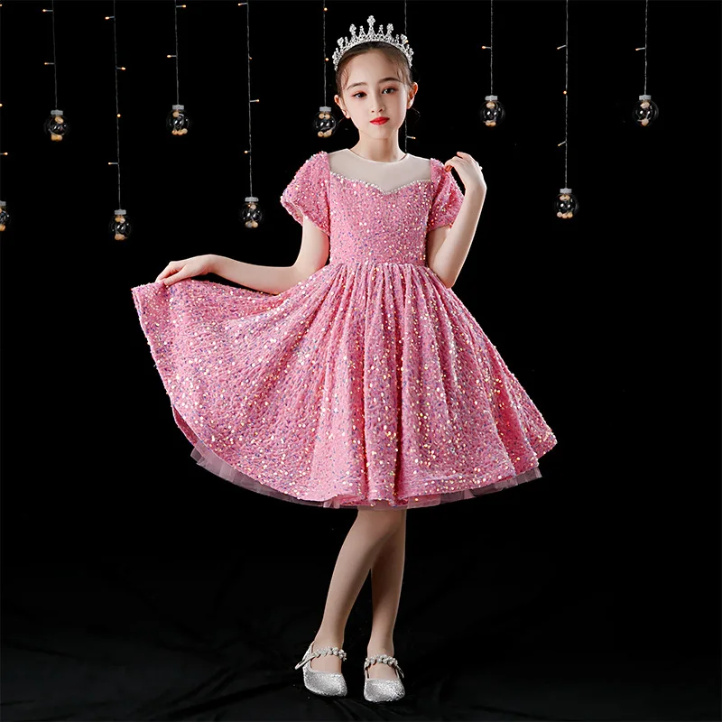 

Princess Pink Dresses For Kids Girl Children Sequined Beading Praty Dress Young Girls Clothing Birthday Ceremonial Formal Outfit