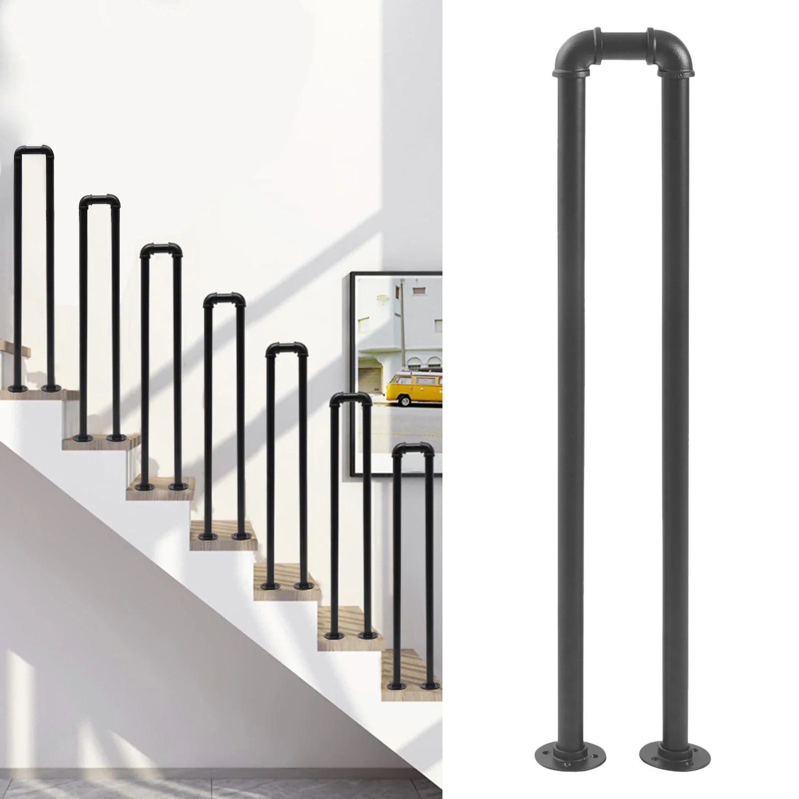 Retro Matte Black Stair Handrail Safety Non-Slip U-Shaped Support Railing 50kg/110.23lbs 20*85cm