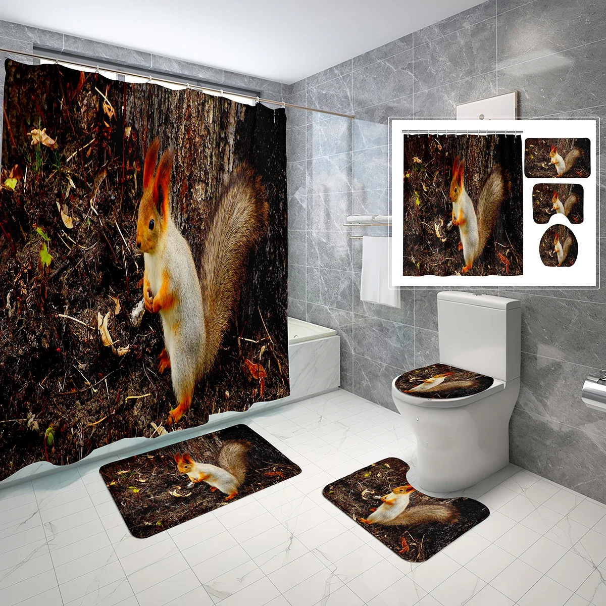 

Squirrele Shower Curtain Set Autumn Deciduous 4 Pcs Shower Curtain Bathroom Non-Slip Bath Mat Toilet Cover Shower Curtain Set