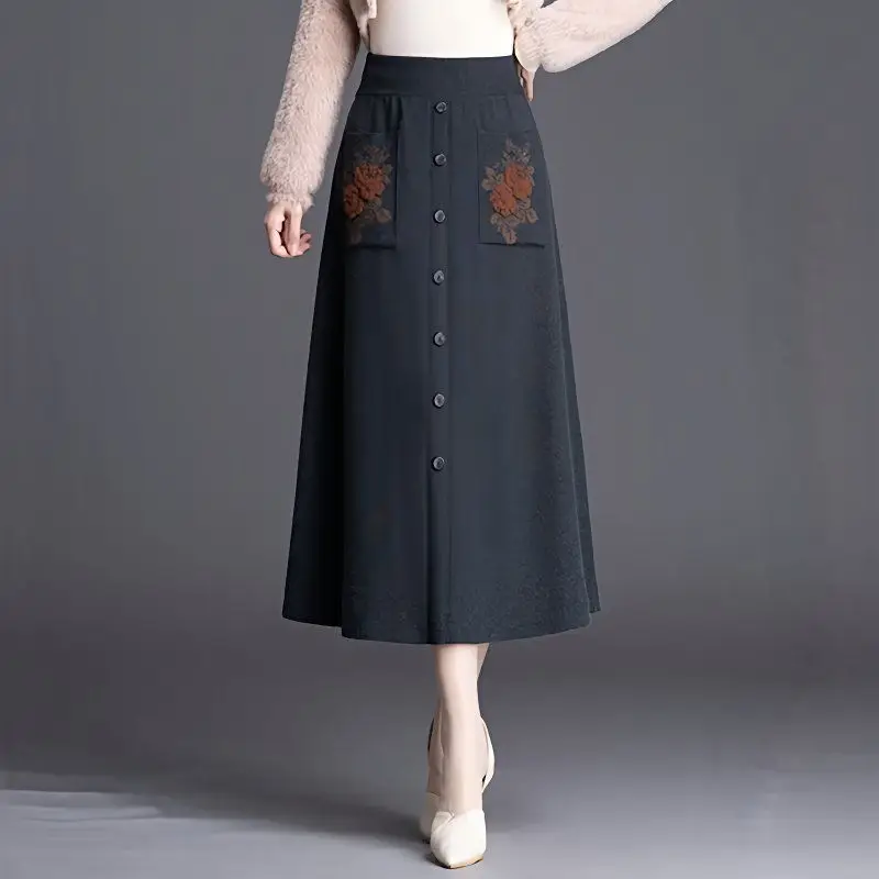 Women Floral Embroidery Pocket Midi Skirt Decorative Button High Waist A Line Skirt