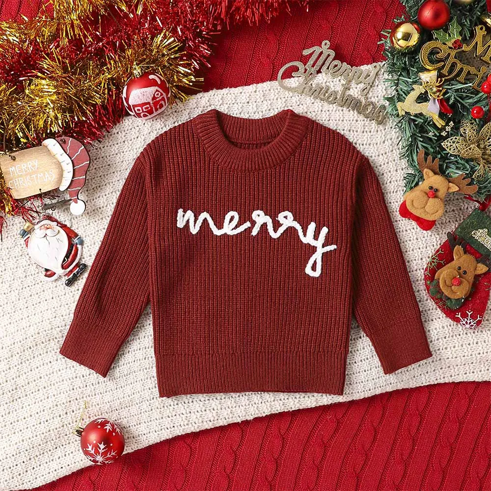 Pakaian Natal anak-anak, baju Sweater hangat bordir 'Merry' huruf gaya Retro untuk bayi dan anak kecil