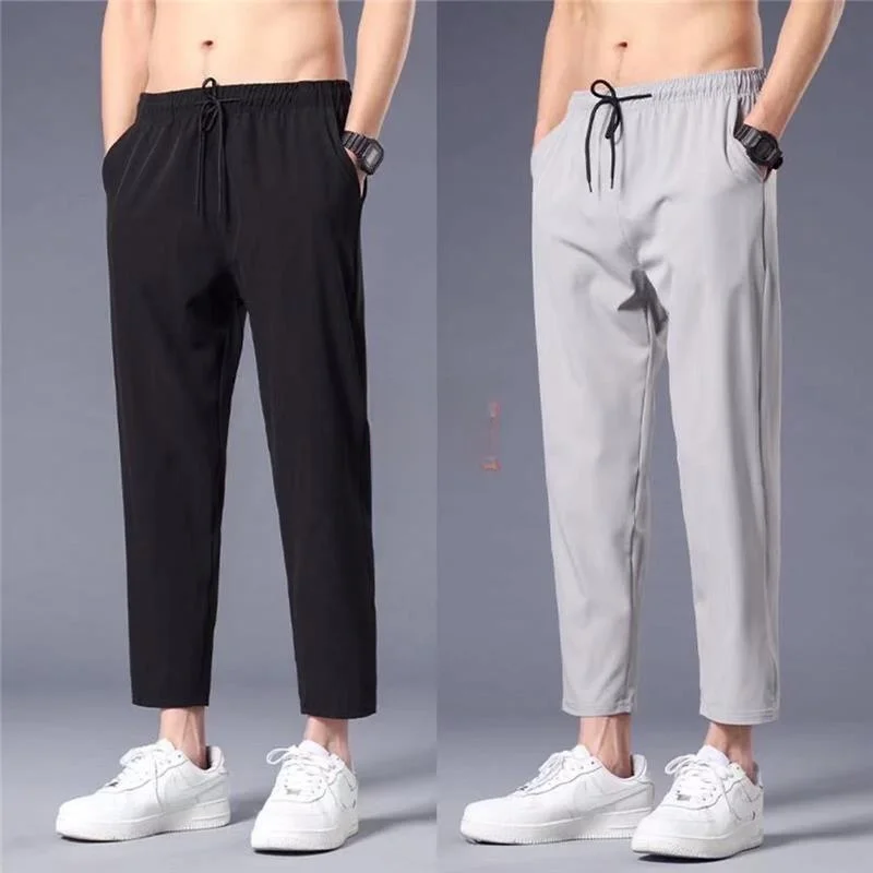 

Новинка 2023, мужские летние тонкие повседневные брюки из ледяного шелка, эластичные свободные брюки с девятью точками, прямые спортивные длинные брюки Qui Dry