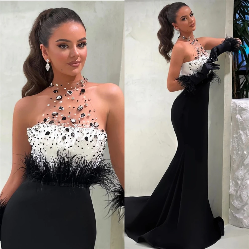 

Jersey Feather Sequined Beading Ruched Formal Evening A-line High Collar Bespoke Occasion Gown Long Dresses