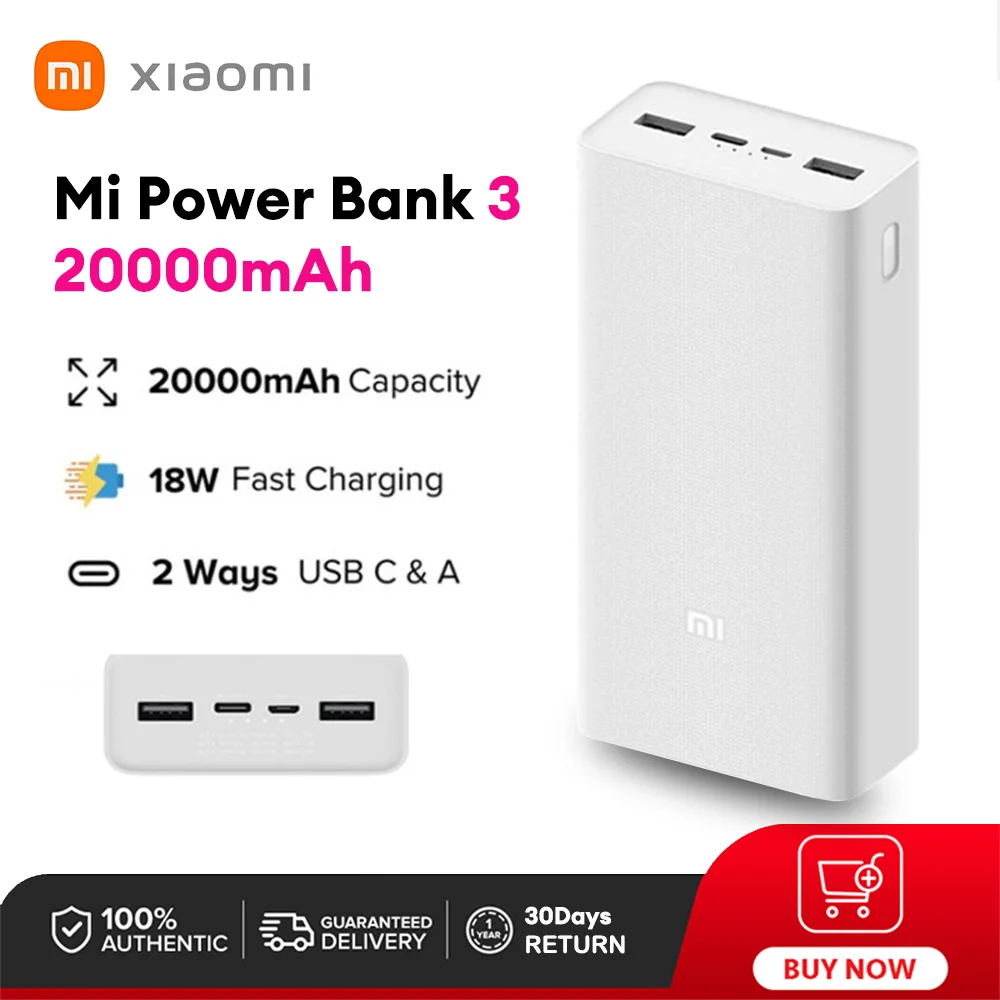 Xiaomi Mi Power Bank 3 20000mAh High Capacity Type-C Input Dual USB Output 18W QC 3.0 Quick Charge Air Travel Safe Power Bank