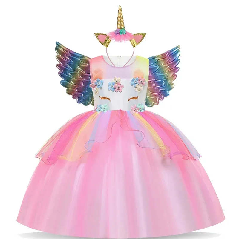قمامة الدببة عيد الميلاد زهرة فتاة قوس قزح زي فستان الزفاف الاطفال حفلة عيد ميلاد يونيكورن دور D 2025 جديد