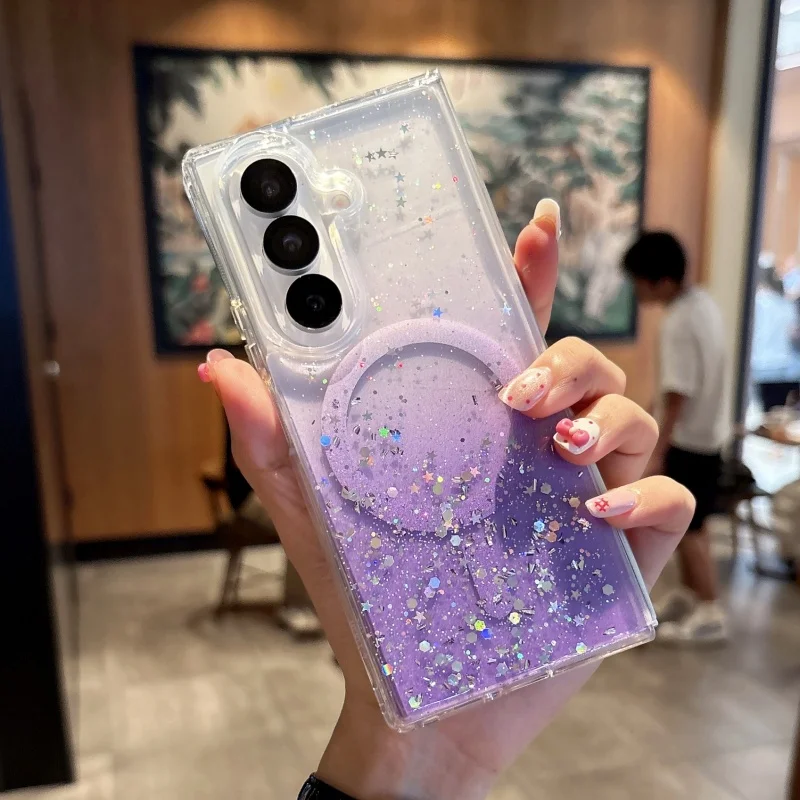 Custodia magnetica trasparente per telefono con gradiente glitter di lusso per Samsung Galaxy Z Fold 7 6 5 4 3 5G per copertura di ricarica wireless Magsafe