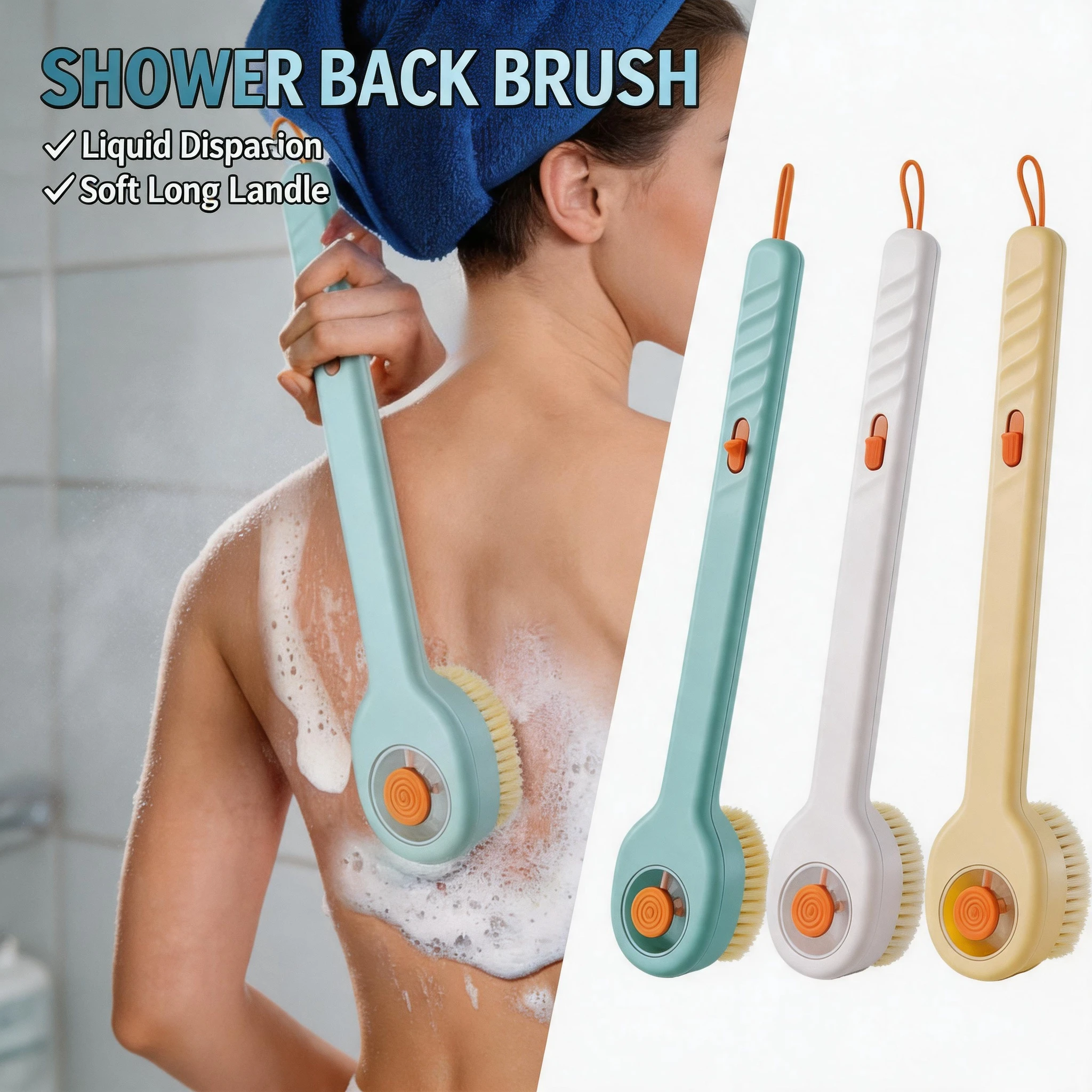 Home Bath Accessories Liquid Filled Long Handle Bath Brush Soft Bristle Exfoliating with Back Scrubber for Body Hair Cleaning