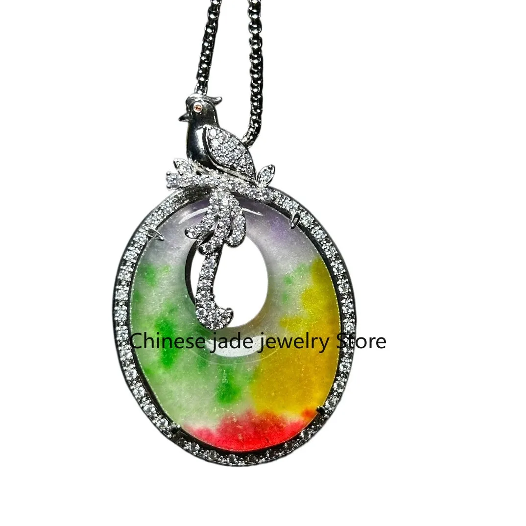 Natural Inlay Ice Multicolor Jadeite Phoenix Pendant Hand Carved Jade Necklaces