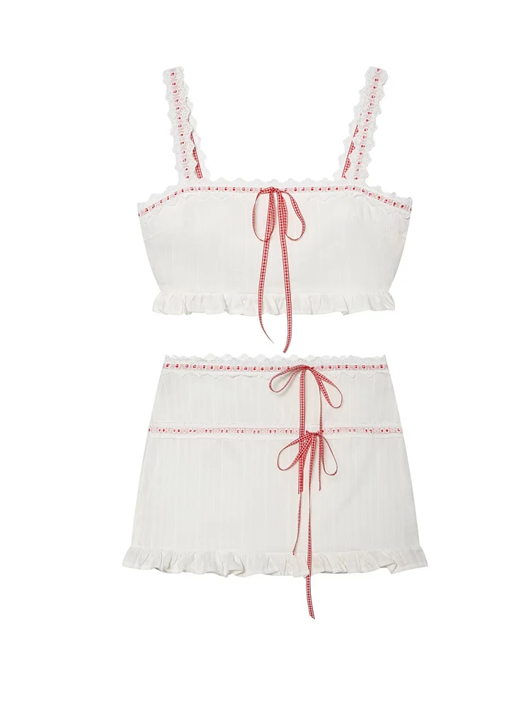 

Women Coquette Lace Trim Gingham Bow Two Piece Set Summer Crop Cami Top Ruffle Mini Skirt Outfit