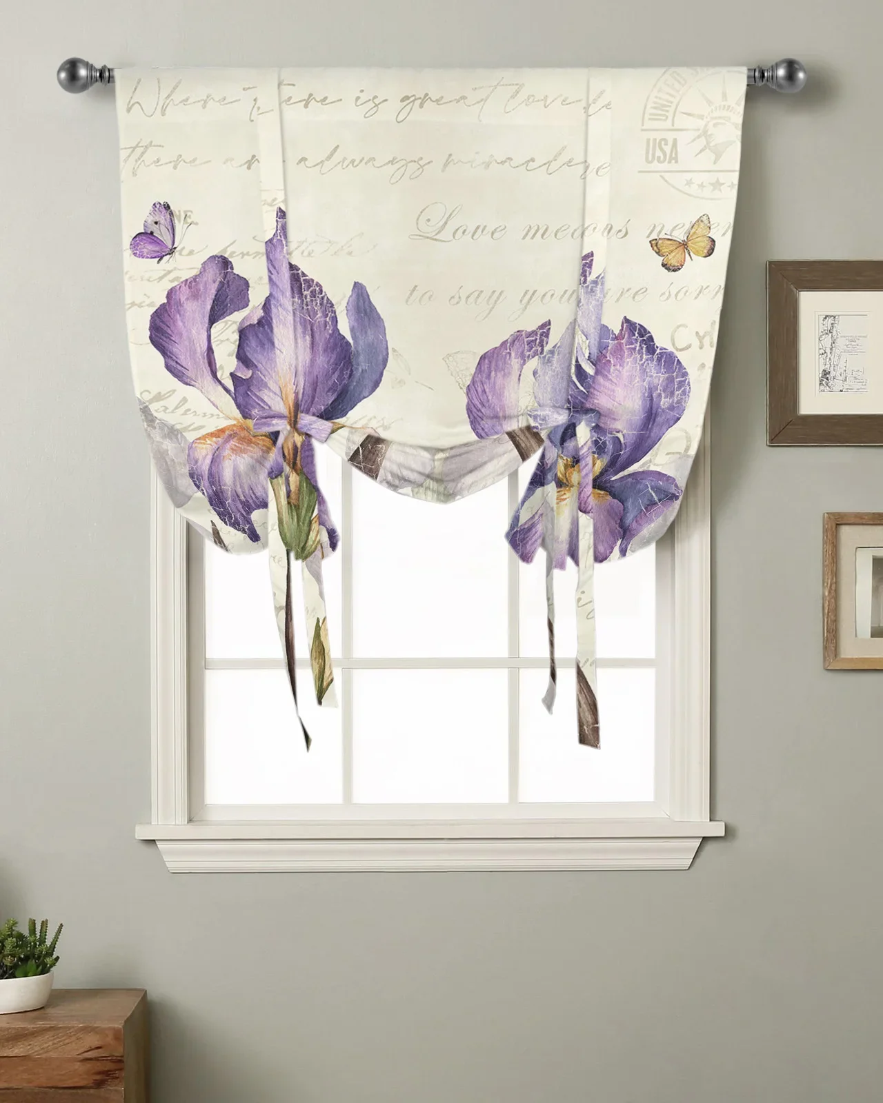 Vintage Iris Butterfly Rustic Window Curtains Tie Up Curtains for Kitchen Living Room Adjustable Rod Pocket Drapes