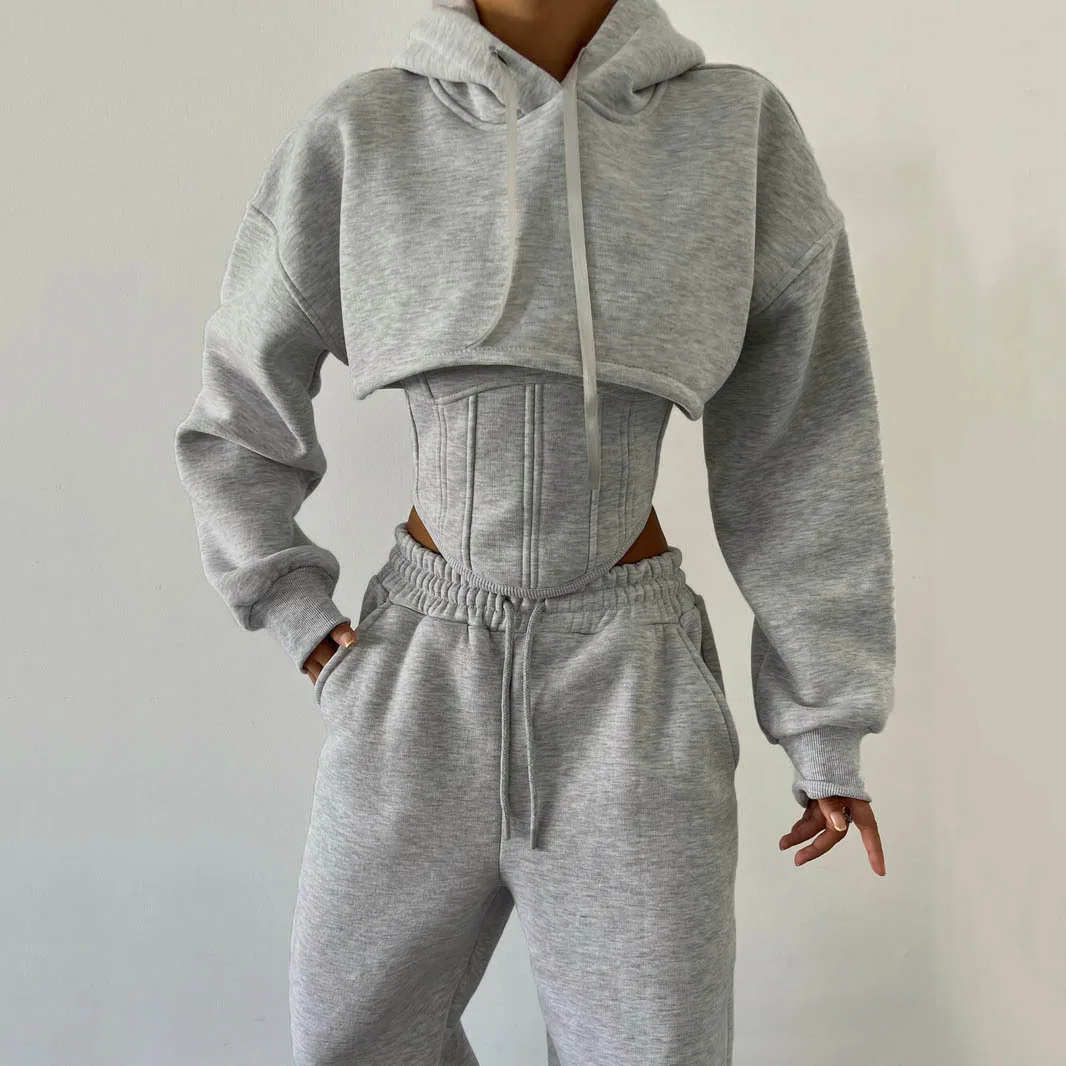 

Women's casual sweatpants set 2025 autumn and winter new belted hooded short hoodie corset of three-piece trousers