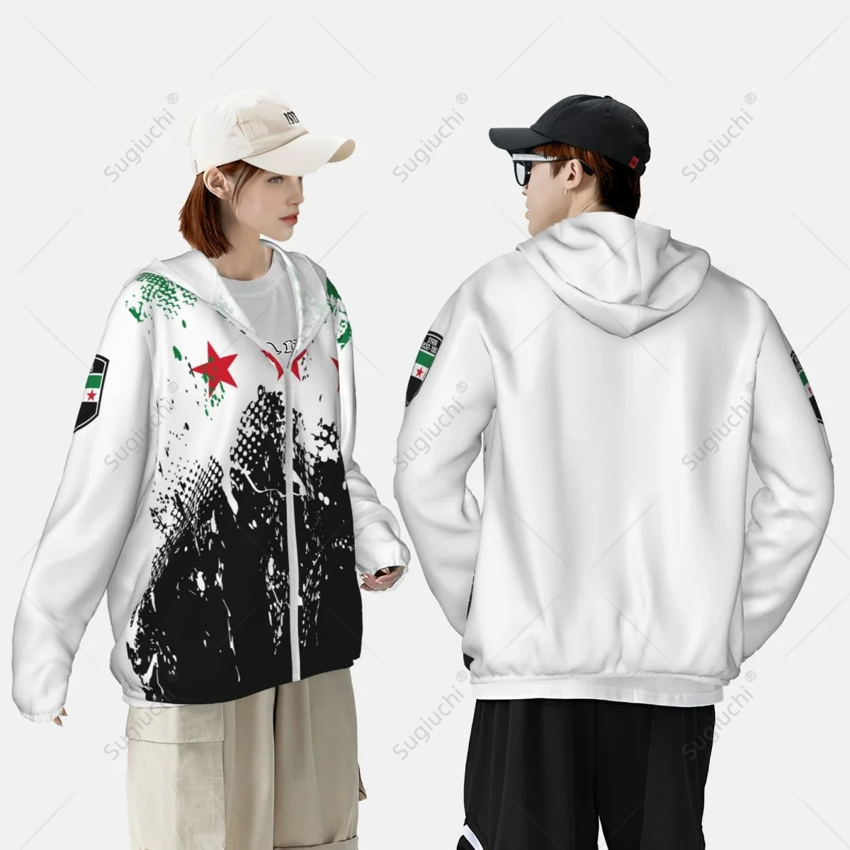 Sudadera con capucha de protección solar, ropa de pesca, ciclismo, correr, secado rápido, manga larga con cremallera, poliéster, Bandera de Syria, 1932-1963