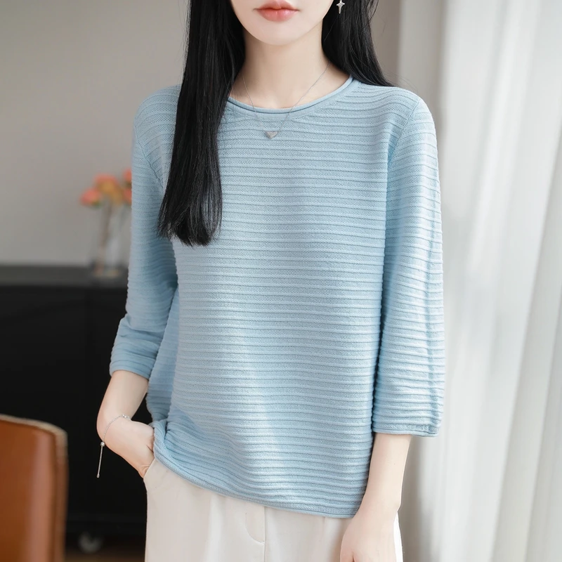 Knitted 100% cotton T-shirt for women, half sleeved base sweater, seven quarter sleeved low round neck summer new top