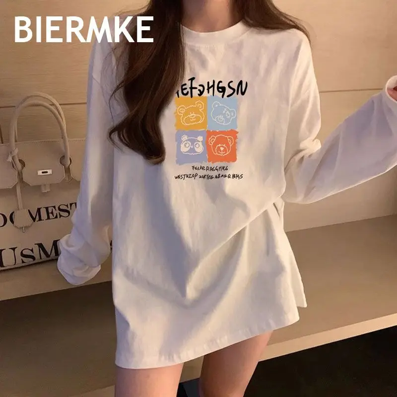 2024 Autumn Skinny Top Medium and Long Loose Cotton White Printed Long Sleeve T-Shirt Bottom Shirt Women