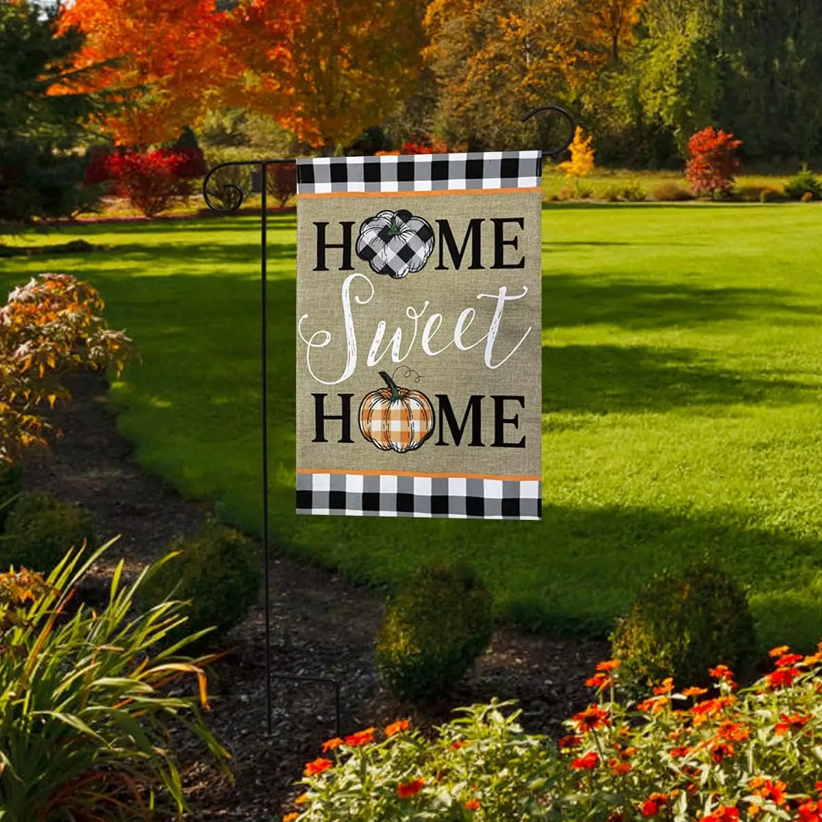 Home Sweet Home Pumpkins Burlap Fall Garden Flag 12.5